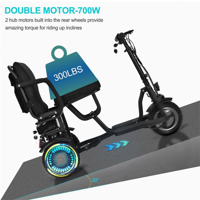 MotoTec - Folding Mobility Electric Trike 48v 700w Dual Motor Lithium Black